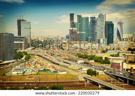 View of Moscow and a business center Moscow-City, highways. photo tinted in yellow