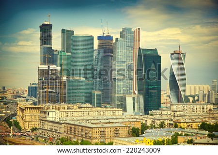 Moscow skyline and business center Moscow-City. Photo toned in yellow