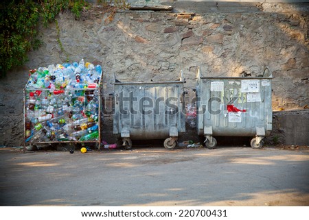 Yalta, Crimea, Russia - August 13, 2014: plastic bottles in a garbage container. trash cans, separate trash.