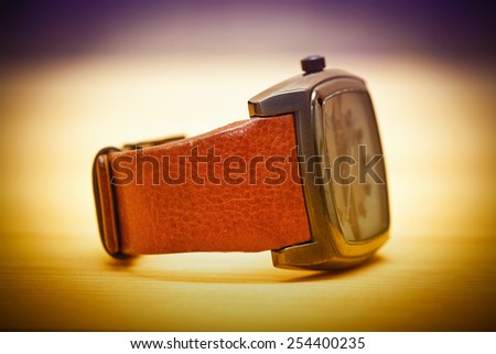 Wrist Watch with leather strap close up