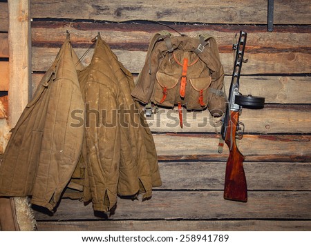 Jacket, backpack, machine gun - retro items WWII
