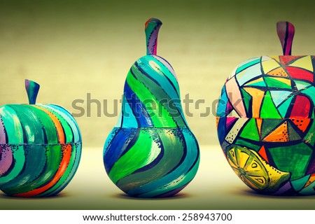 Hand-painted wooden fruit - pears and apples. Handmade, contemporary art