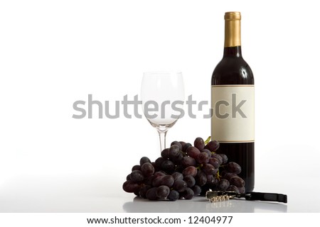 Grapes, wine, a wine glass, and a wine opener on a white background with copy space.  Wine background