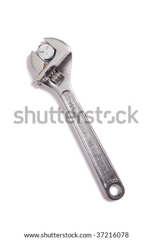 A silver wrench tightening a bolt on a white background with copy space