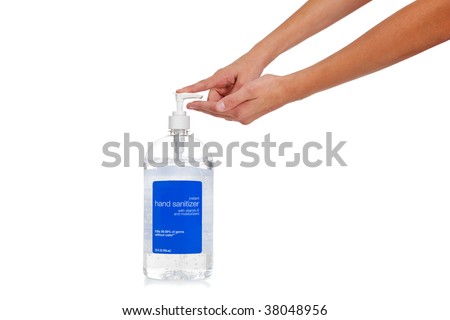 A child\'s hand dispensing hand sanitizer - swine flu prevention theme - on a white background with copy space