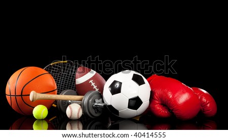 Assorted sports equipment included a basketball, american football, soccer ball, baseball, tennis ball, boxing gloves, tennis racket, baseball bat and dumbbells