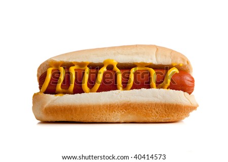 Hot dogs on a bun with mustard on a white background