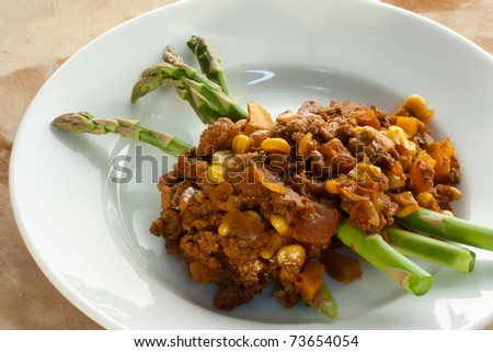 Spicy Tex-Mex ground turkey with corn and asparagus
