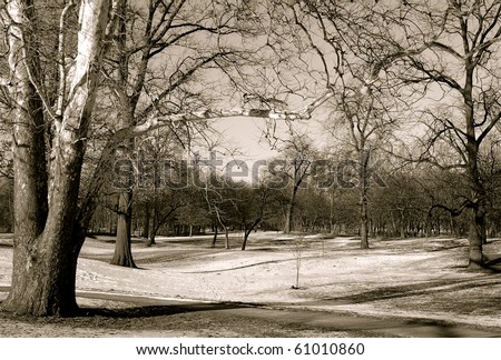 A black and white view of a peaceful park in winter.