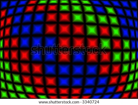 Red green and blue pixels in  computer generated picture.