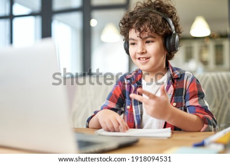 Image, Stock Photo Happy Latin boy with Down syndrome dancing at home