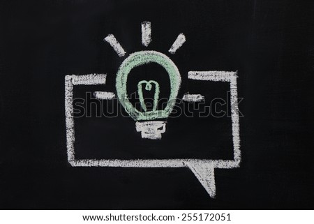 Photo of burning bulb in the dialog box painted with chalk on dark chalkboard