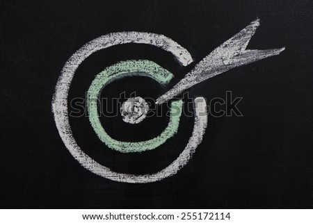 Photo of target and arrow in it painted with chalk on dark chalkboard