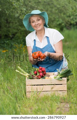 Good-looking smiling middle-aged woman-farmer holding red tomatoes near wooden box with fresh vegetables