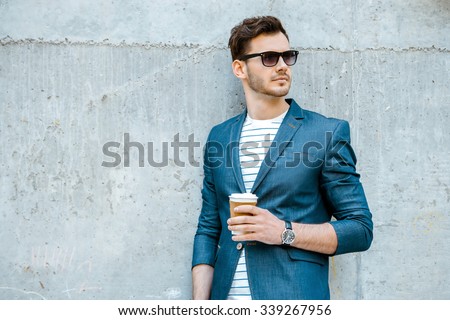 Similar – Image, Stock Photo Beautiful caucasian fashionly dressed girl standing outdoors with paper bag with purchases in the city.