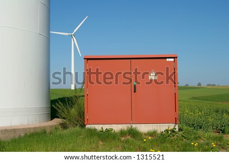 electricity box with wind energy plant in background