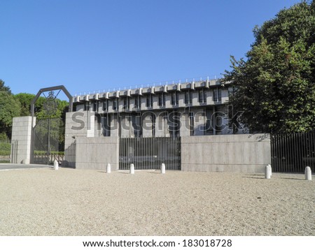 ROME, ITALY - SEPTEMBER 21, 2011: The British Embassy designed by Scottish architect Sir Basil Spence in 1959 is a masterpiece of New Brutalist architecture
