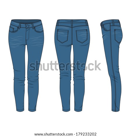 Front, Back And Side Views Of Blank Women'S Jeans. Vector Illustration ...