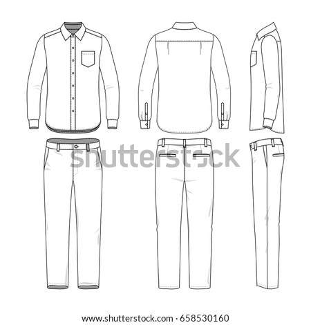 Front, back and side views of men's shirt and pants. Blank clothing templates in casual style. Fashion vector illustration.