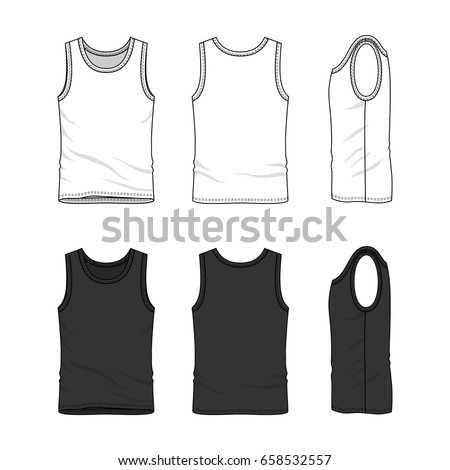 Men's clothing set in white and black colors. Front, back and side views of blank undershirt. Vector templates in casual style. Fashion illustration.