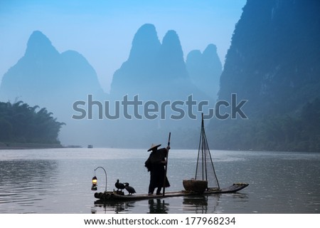 Chinese man fishing with cormorants birds, traditional fishing use trained cormorants to fish in China