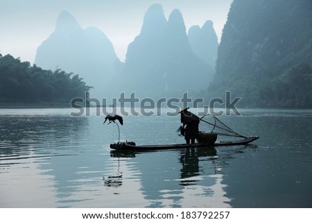 Chinese man fishing with cormorants birds, traditional fishing use trained cormorants to fish, China