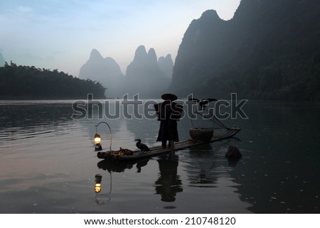 Chinese man fishing with cormorants birds in, traditional fishing use trained cormorantsi, China