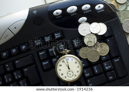 Time is money- clock, keyboard and coins