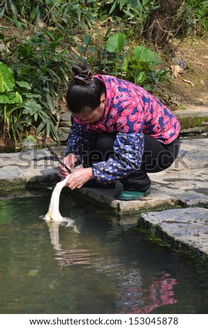 GUILIN, CHINA - MARCH 24: Women clean the chicken along Li River on March  24, 2012 in Guilin, China. Li river provides clean water to the residents for their daily usage.