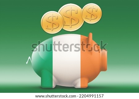 Piggy bank with Ireland flag and gold coin, 3d rendering