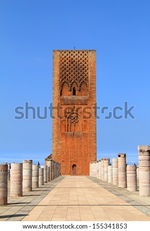 Hassan Tower - the unfinished mosque and stone columns. Made of red sandstone, important historical building and tourist icon in Rabat, Morocco. UNESCO World Heritage.