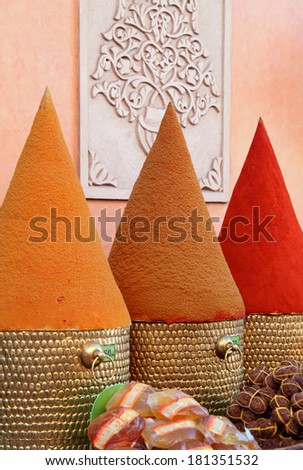 Morocco, Marrakesh, Spices in one of the historical Medina\'s many souks.