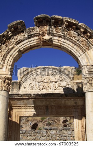Turkey Ephesus ruins Stone arch decorated by carved bust