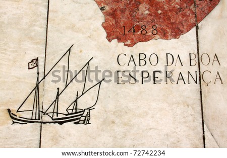 Portugal Lisbon Belem Detail of huge wind rose laid in marble depicting the Portuguese discovery expeditions -  caravel \