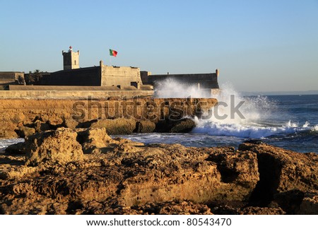 Portugal Lisbon's Sunshine Coast Cascais Saint Julian Fort 'Forte Sao Juliao da Barra' viewed from Carcavelos beach