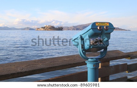 Coin-operated binoculars on the pier across from Alcatraz Island.