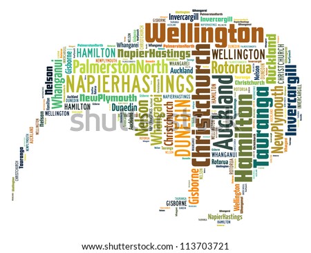 New Zealand larger cities info-text graphics arrangement concept composed in kiwi bird shape on white background
