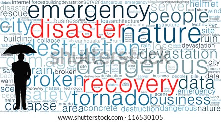 Disaster recovery word cloud for business and finance concept.