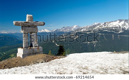 Inukshuk at the Roundhouse at Whistler, Canada. Stone landmarks used by the Inuit, Inupiat, Kalaallit, Yupik, and other peoples of North America - and were used for navigation & points of reference.