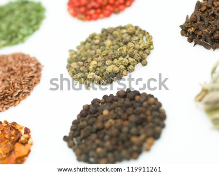 round spices on white background macro close-up detail colorful