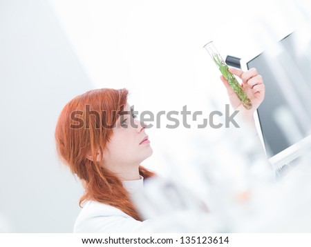 close-up of a woman in a chemistry lab analyzing a tube containing plants and water
