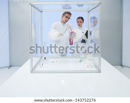 two scientists in the lab, a man and a woman, analyzing a chunk of raw meat in a sterile chamber
