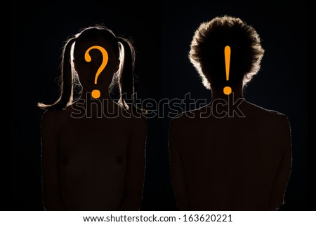 front view of man and woman with back lighting on black background, with question and exclamation mark on their faces