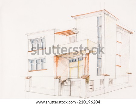 architectural perspective of modern house, drawn by hand