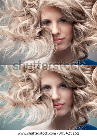 retouching portrait curly blonde wind hair