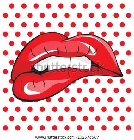 Biting her red lips teeth pop art