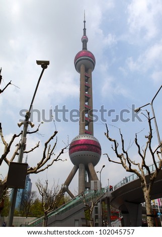 SHANGHAI-APRIL. 14,:Oriental Pearl Tower on APRIL. 14, 2012 in Shanghai. The Oriental Pearl Tower is a 468 meter TV tower, located at Lujiazui in Pudong district, by the side of Huangpu River.