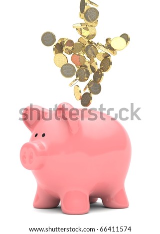 A group of gold coins arranged in the shape of an arrow falling towards a pink piggy bank.