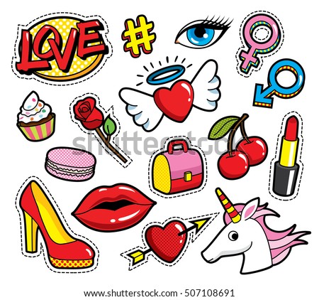 Fashion Patch Badges With Lips Hearts Love And Other Elements Vector Illustration Isolated
