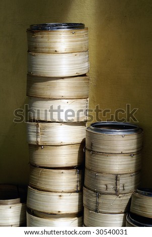 Chinese dim sum bamboo steamer racks stacked